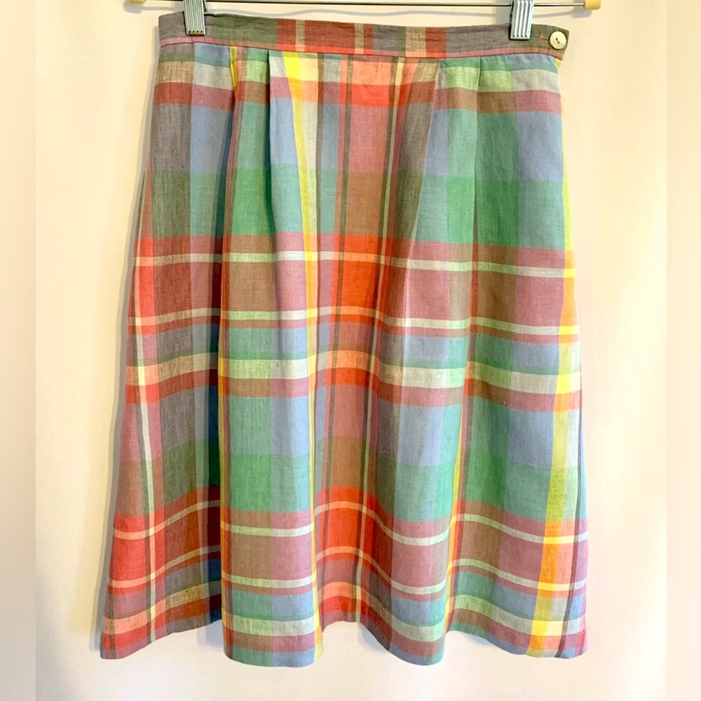 Orvis VTG Multicolored Plaid Pleated 100% Linen Skirt With Side Zip &Pockets Sz8